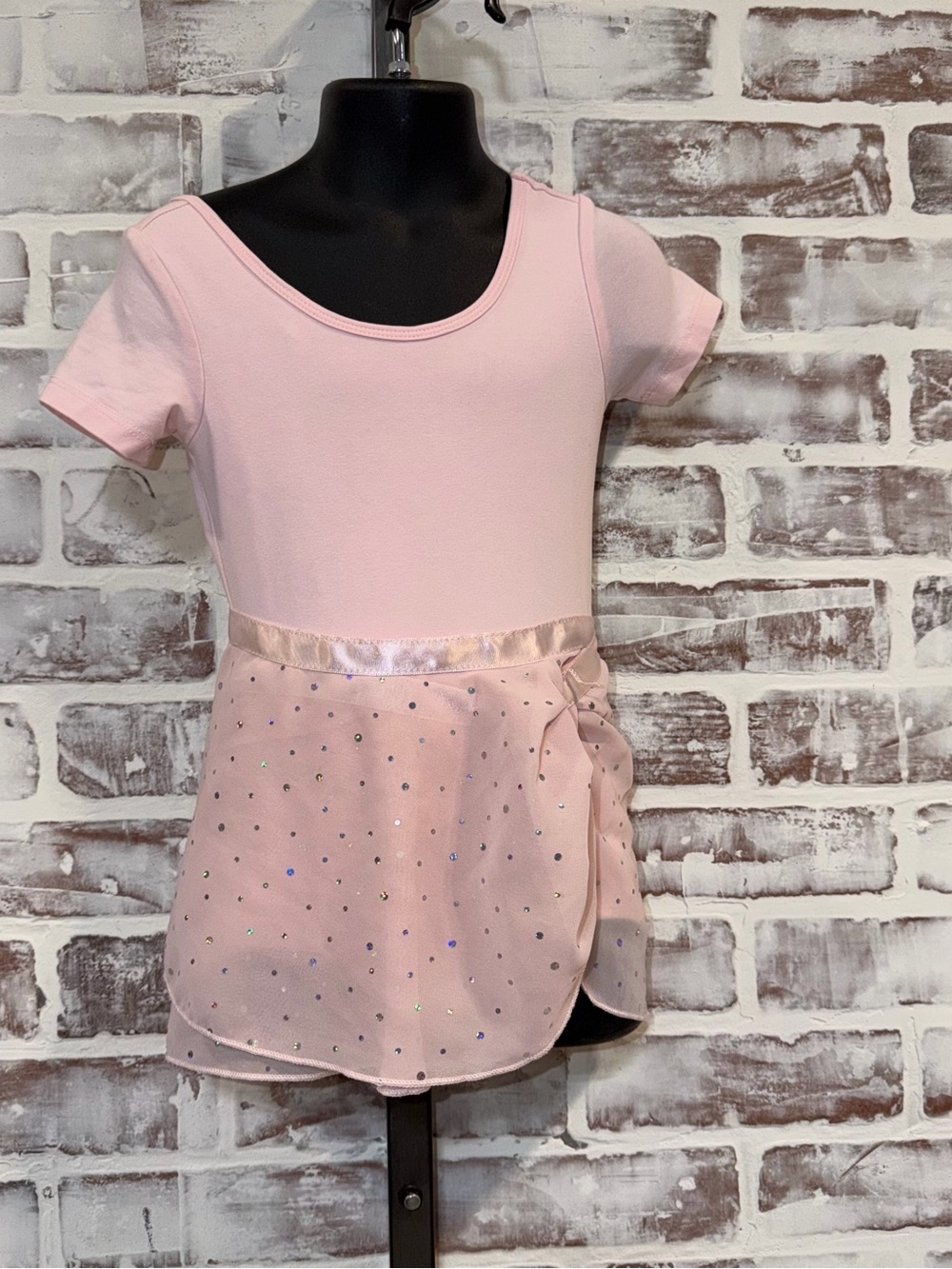 Pink Girls' Short Sleeve Dance leotard with wrap Sparkle Skirt